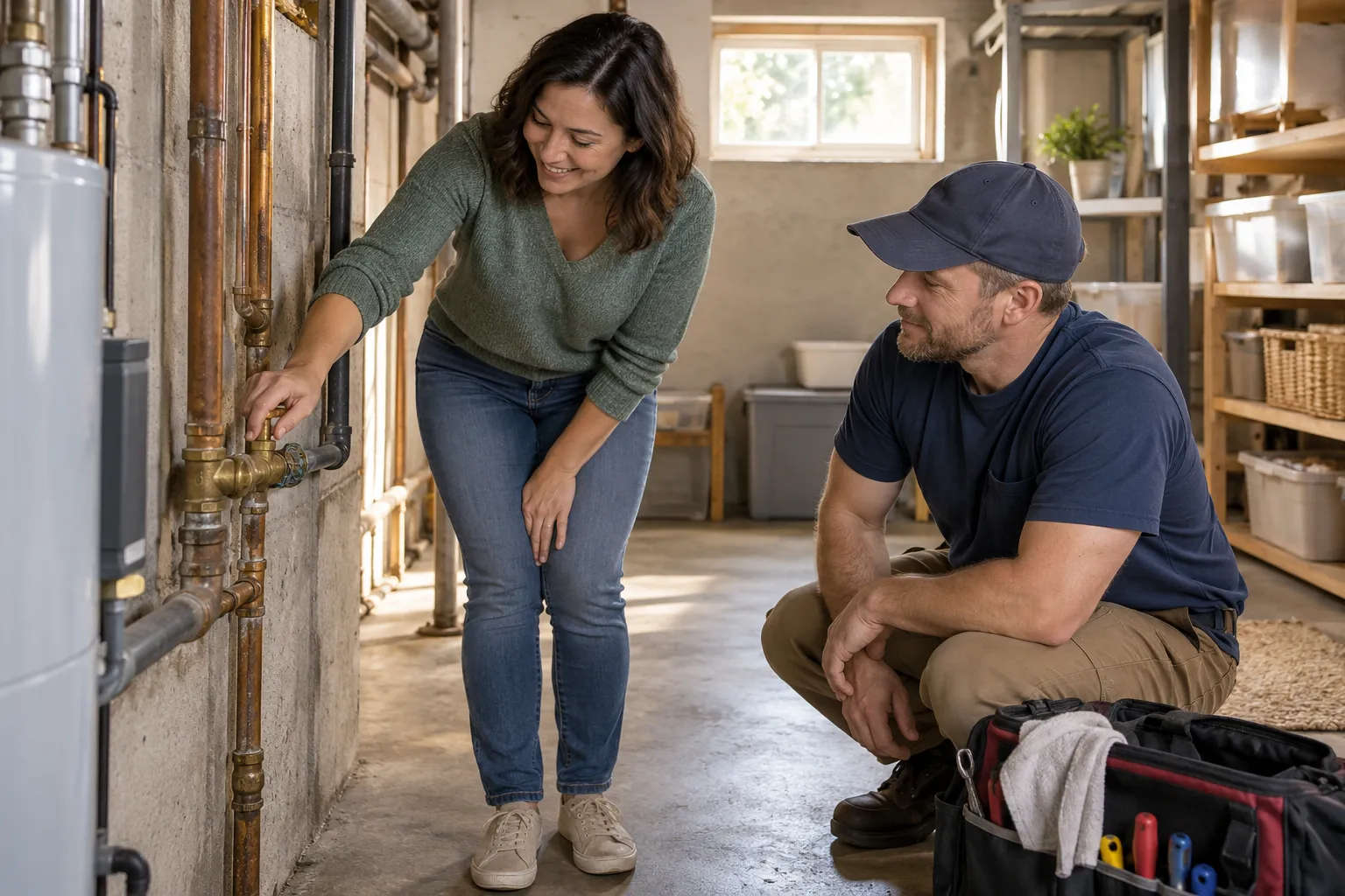 Homeowner in Denver turning off a water shutoff valve in a basement